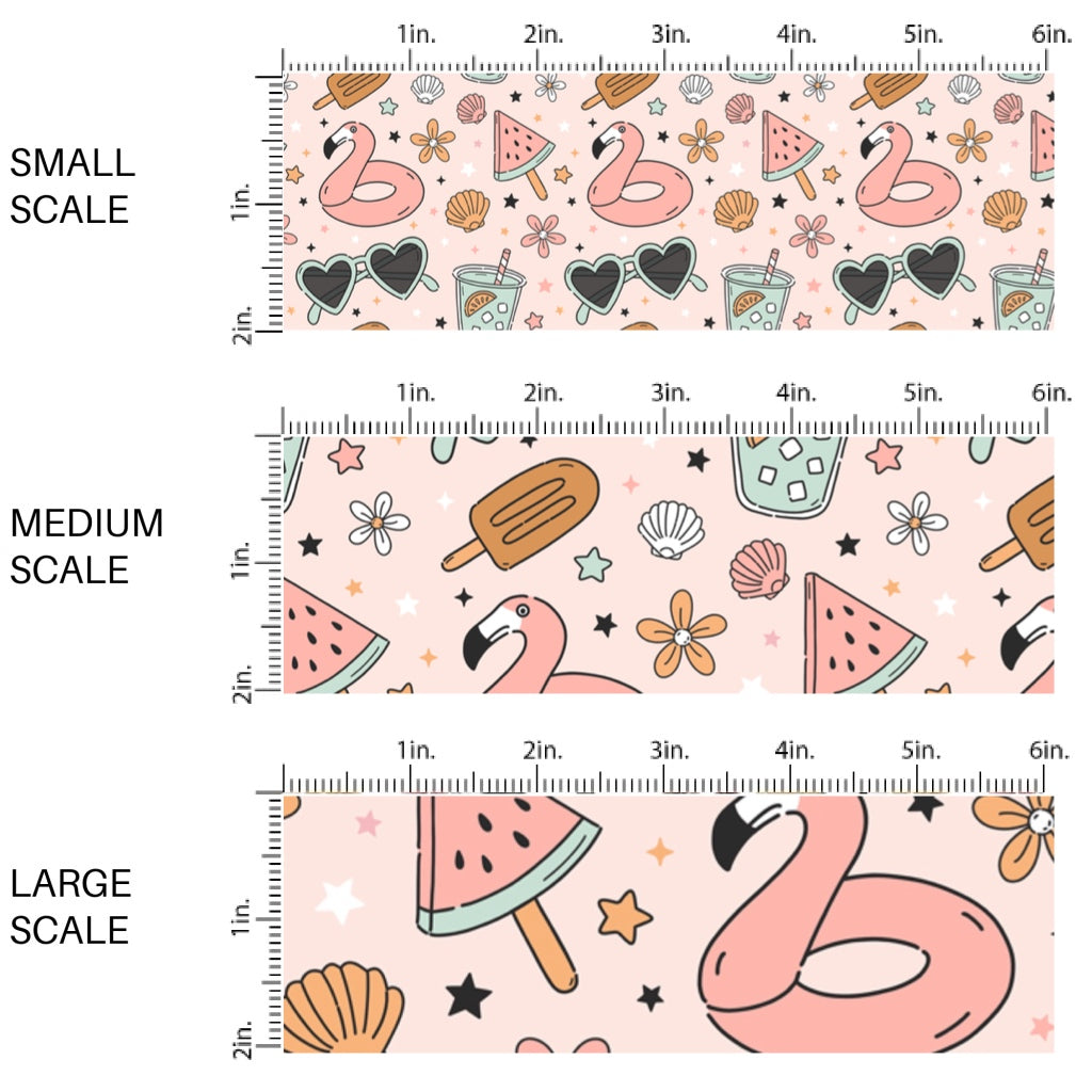 This scale chart of small scale, medium scale, and large scale of this summer fabric by the yard features pool party and treats on pink. This fun summer themed fabric can be used for all your sewing and crafting needs!