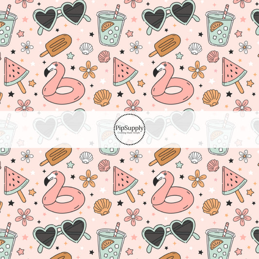 This summer fabric by the yard features pool party and treats on pink. This fun summer themed fabric can be used for all your sewing and crafting needs!
