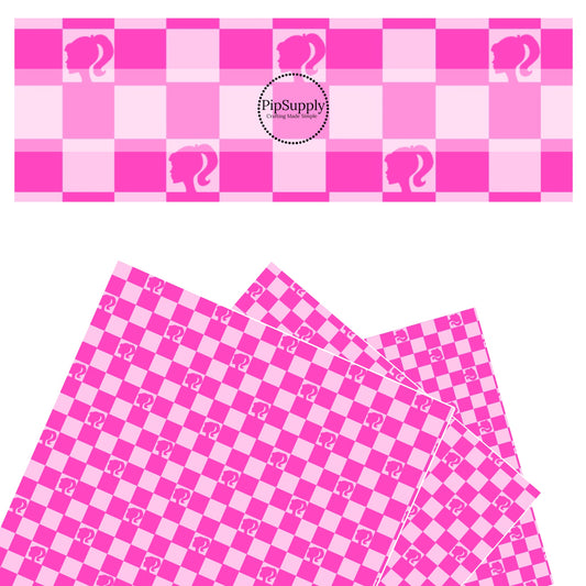 Pink girl silhouette on multi pink checkered faux leather sheets