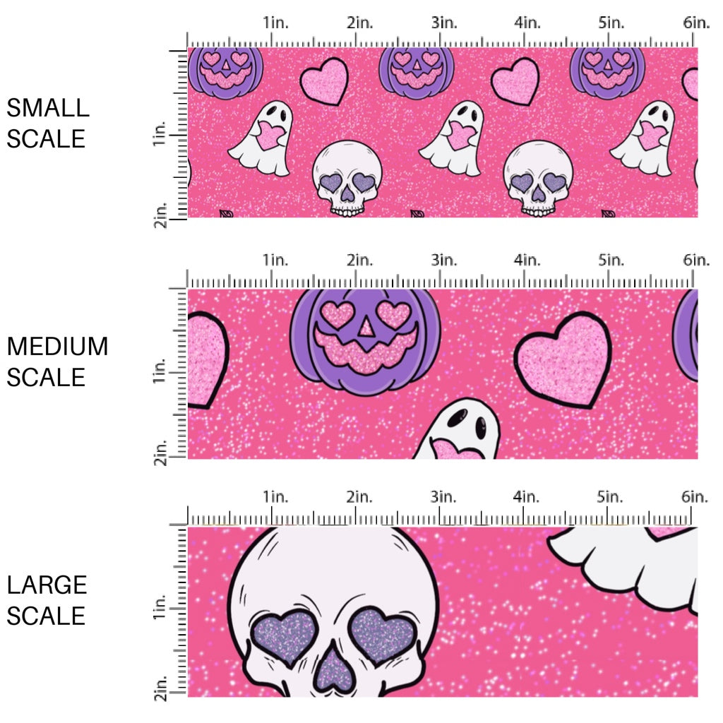 This scale chart of small scale, medium scale, and large scale of these Halloween themed pattern fabric by the yard features the following design elements: ghosts, skulls, and pumpkins on pink. This fun spooky themed fabric can be used for all your sewing and crafting needs.