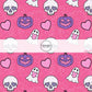 These Halloween themed pattern fabric by the yard features the following design elements: ghosts, skulls, and pumpkins on pink. This fun spooky themed fabric can be used for all your sewing and crafting needs.