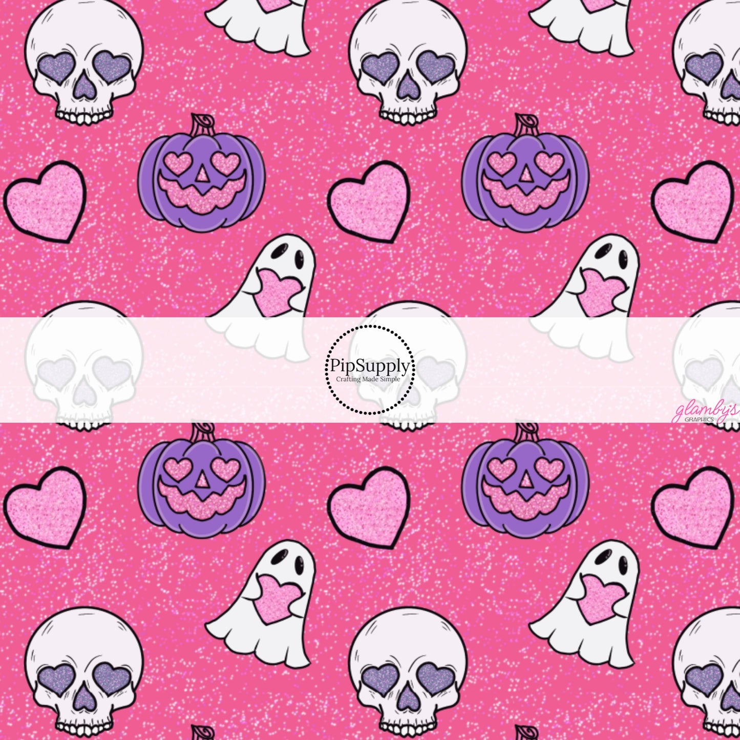 These Halloween themed pattern fabric by the yard features the following design elements: ghosts, skulls, and pumpkins on pink. This fun spooky themed fabric can be used for all your sewing and crafting needs.