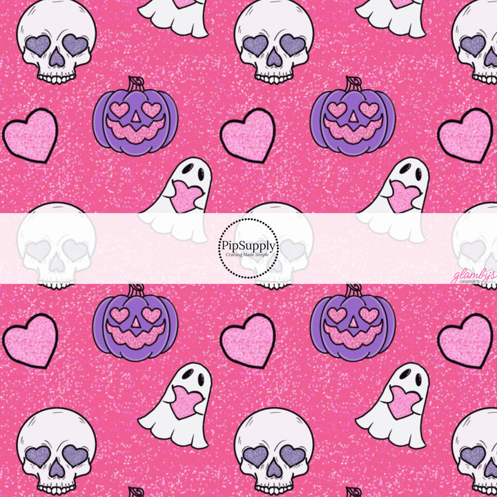 These Halloween themed pattern fabric by the yard features the following design elements: ghosts, skulls, and pumpkins on pink. This fun spooky themed fabric can be used for all your sewing and crafting needs.