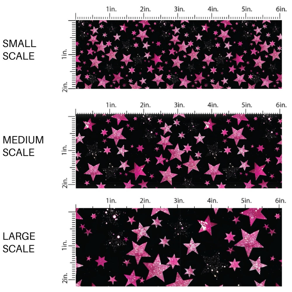 This holiday fabric by the yard features pink stars on black. This festive pattern fabric can be used for all your sewing and crafting needs!