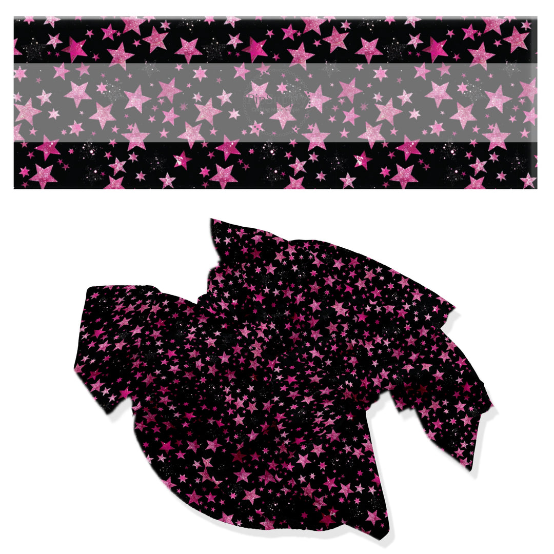 These holiday no sew bow strips can be easily tied and attached to a clip for a finished hair bow. These festive bow strips are great for personal use or to sell. These bow strips feature the following design elements: pink stars on black.