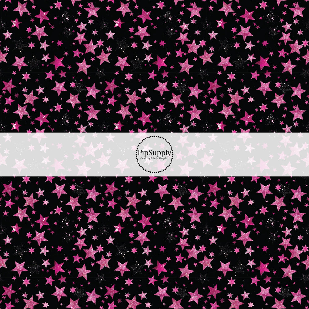 These holiday no sew bow strips can be easily tied and attached to a clip for a finished hair bow. These festive bow strips are great for personal use or to sell. These bow strips feature the following design elements: pink stars on black.