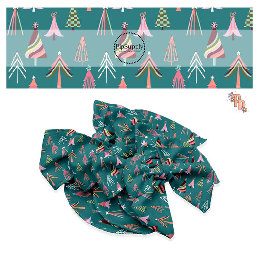 Multi patterned trees on turquoise hair bow strips
