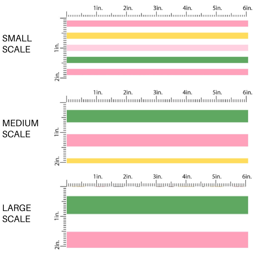 This scale chart of small scale, medium scale, and large scale of this summer fabric by the yard features pink, yellow, white, and green stripe pattern. This fun themed fabric can be used for all your sewing and crafting needs!