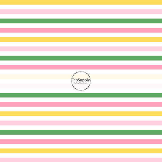 This summer fabric by the yard features pink, yellow, white, and green stripe pattern. This fun themed fabric can be used for all your sewing and crafting needs!