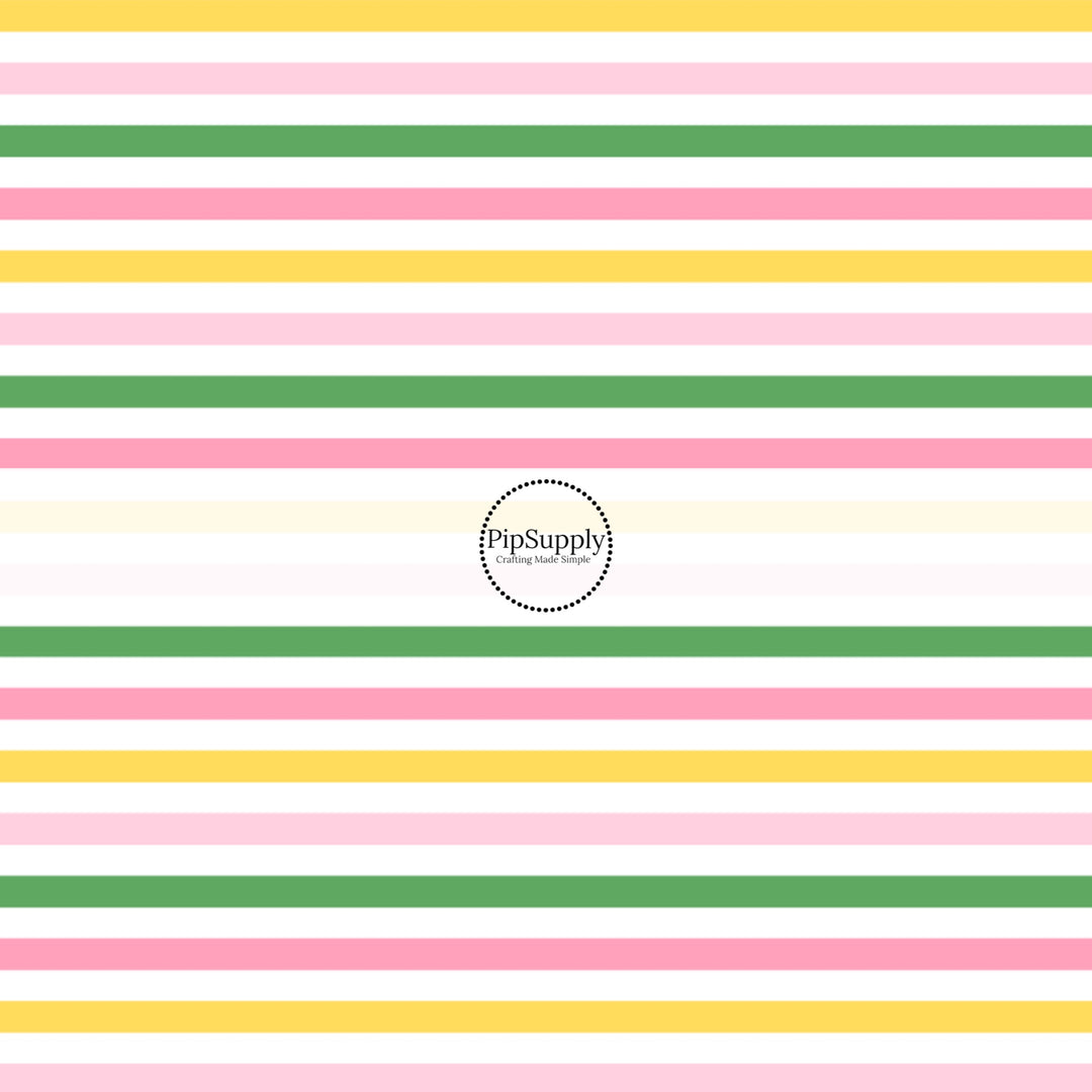 This summer fabric by the yard features pink, yellow, white, and green stripe pattern. This fun themed fabric can be used for all your sewing and crafting needs!