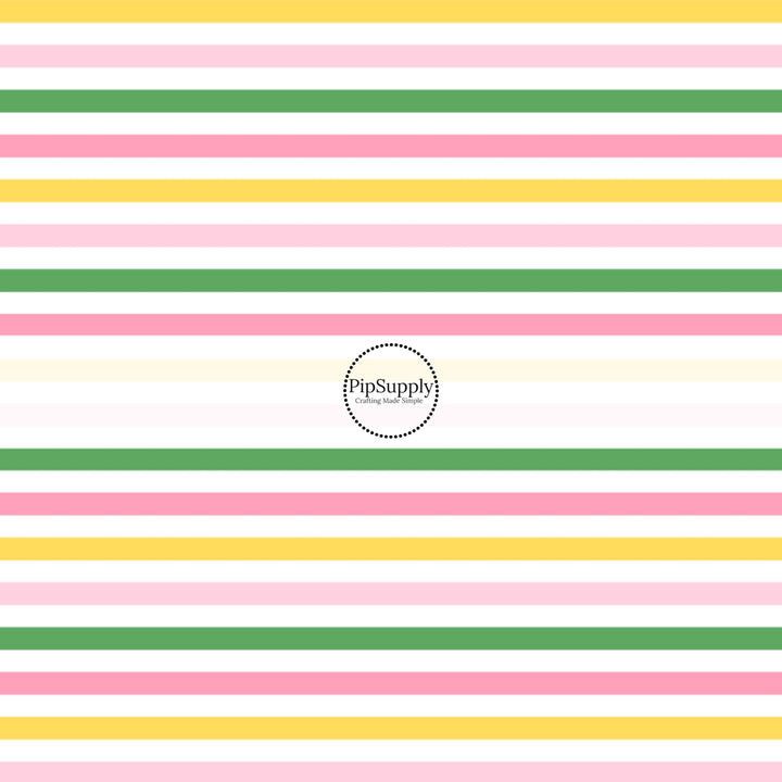 This summer fabric by the yard features pink, yellow, white, and green stripe pattern. This fun themed fabric can be used for all your sewing and crafting needs!