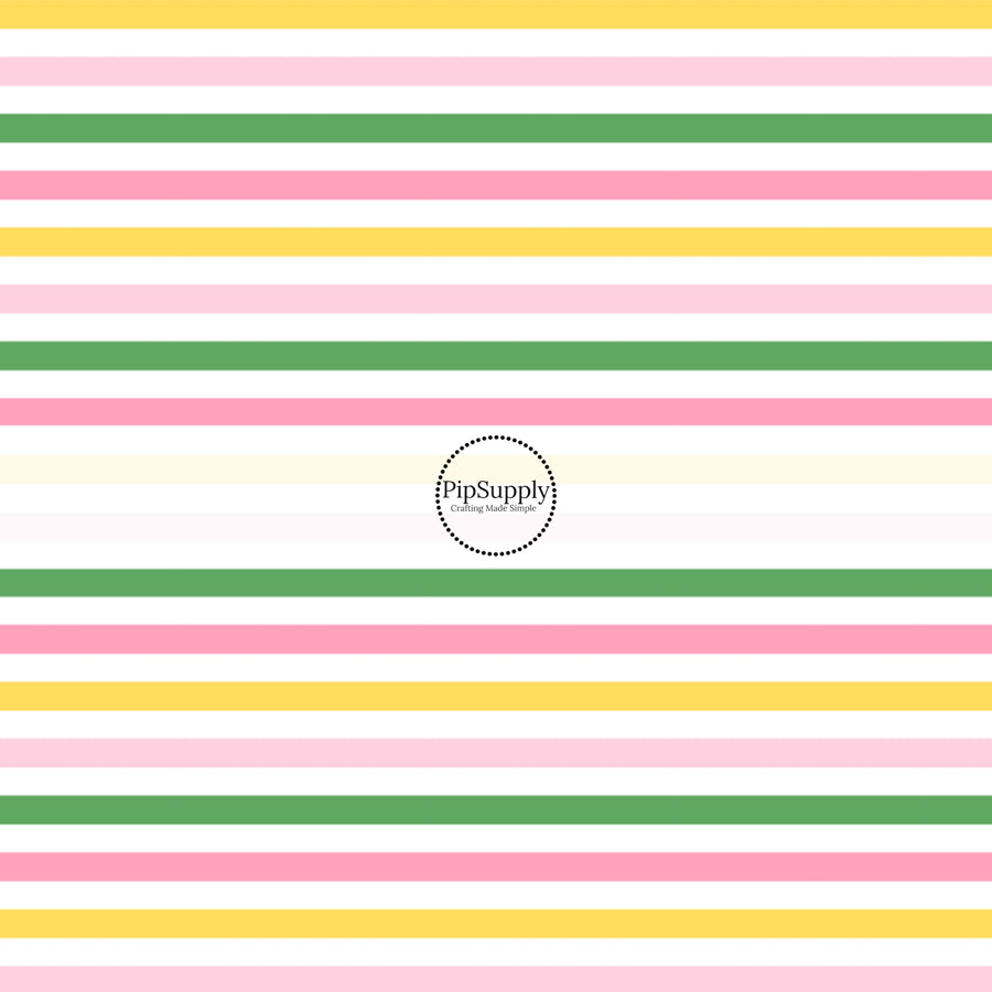 This summer fabric by the yard features pink, yellow, white, and green stripe pattern. This fun themed fabric can be used for all your sewing and crafting needs!