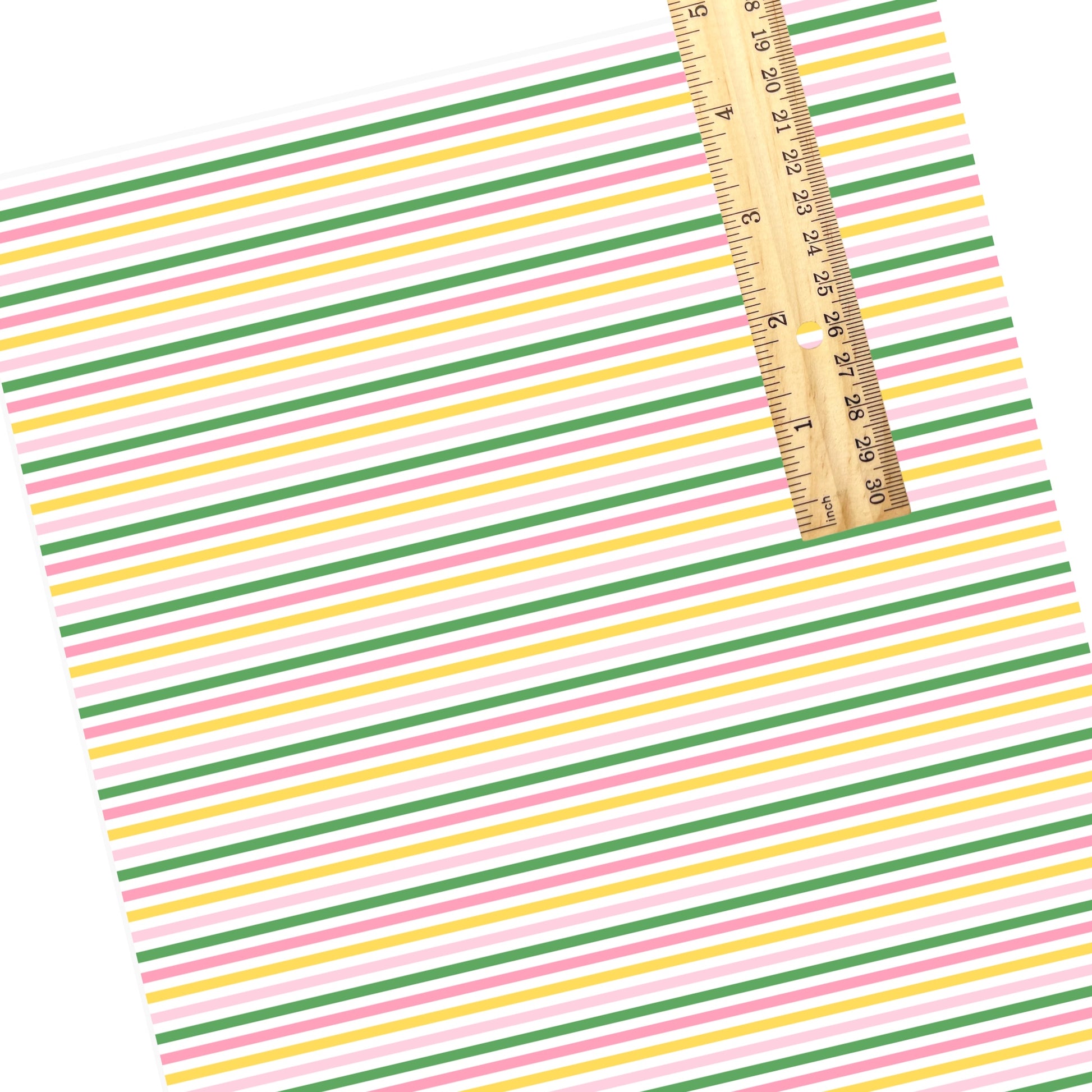 These summer faux leather sheets contain the following design elements: pink, yellow, white, and green stripe pattern. Our CPSIA compliant faux leather sheets or rolls can be used for all types of crafting projects.