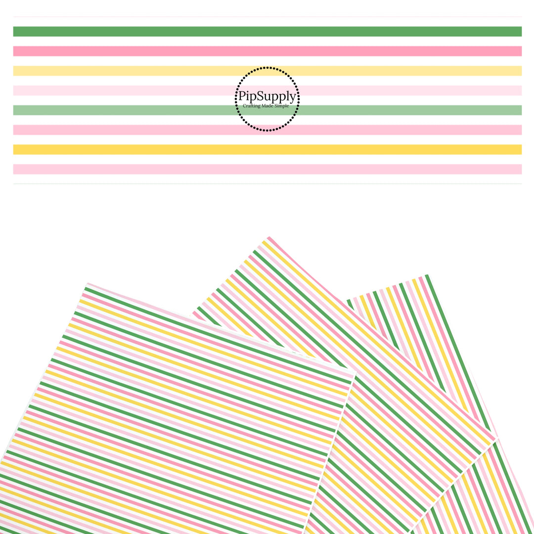 These summer faux leather sheets contain the following design elements: pink, yellow, white, and green stripe pattern. Our CPSIA compliant faux leather sheets or rolls can be used for all types of crafting projects.