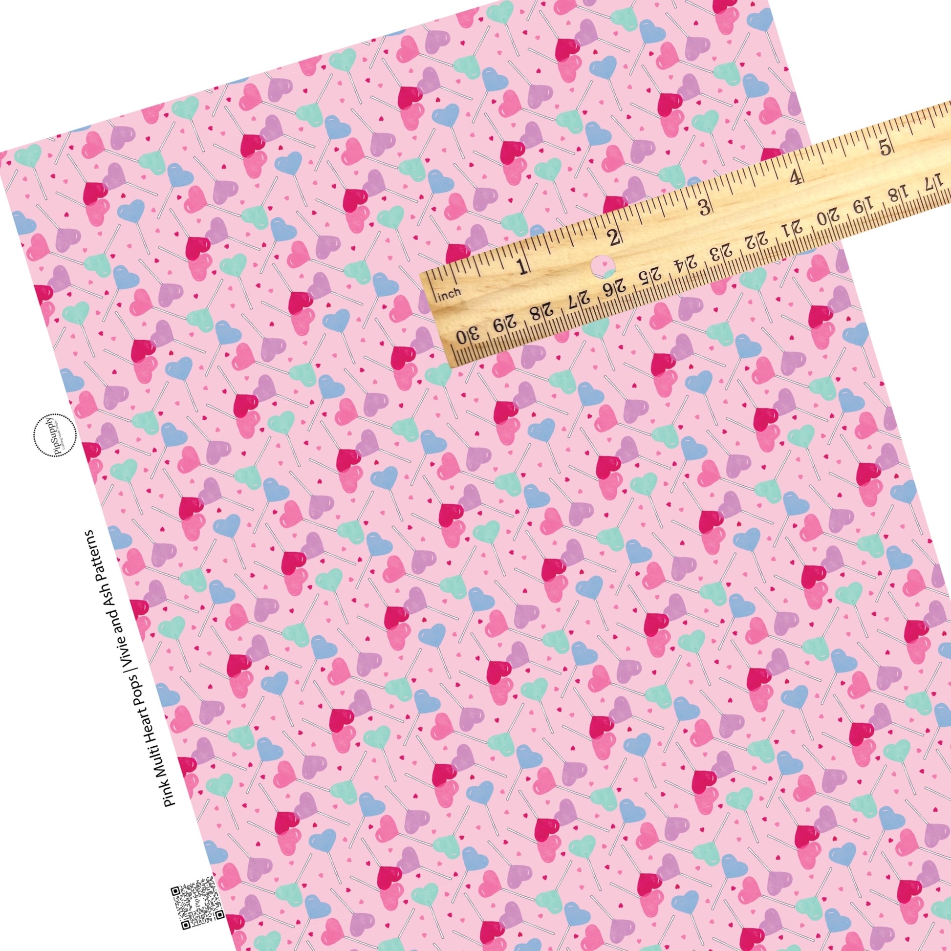 These Valentine's Day pattern faux leather sheets contain the following design elements: pastel colored lollipop candy on pink. Our CPSIA compliant faux leather sheets or rolls can be used for all types of crafting projects.