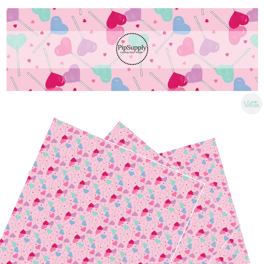 These Valentine's Day pattern faux leather sheets contain the following design elements: pastel colored lollipop candy on pink. Our CPSIA compliant faux leather sheets or rolls can be used for all types of crafting projects.
