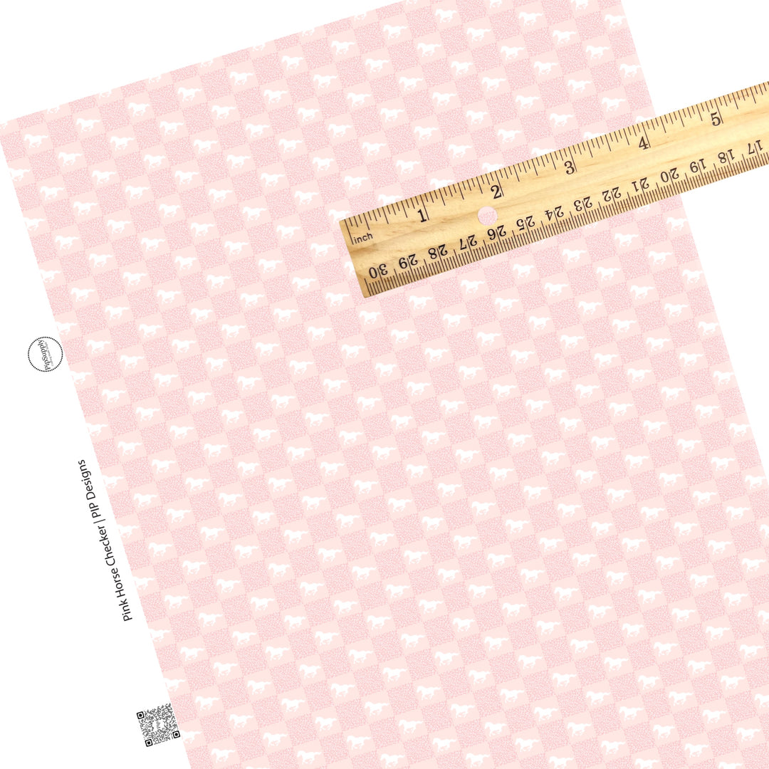 These western pink pattern themed faux leather sheets contain the following design elements: white horses in pink checker pattern. Our CPSIA compliant faux leather sheets or rolls can be used for all types of crafting projects. The designer of this pattern is Hay Sis Hay. 