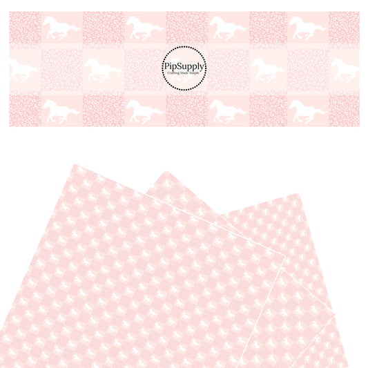 These western pink pattern themed faux leather sheets contain the following design elements: white horses in pink checker pattern. Our CPSIA compliant faux leather sheets or rolls can be used for all types of crafting projects. The designer of this pattern is Hay Sis Hay. 