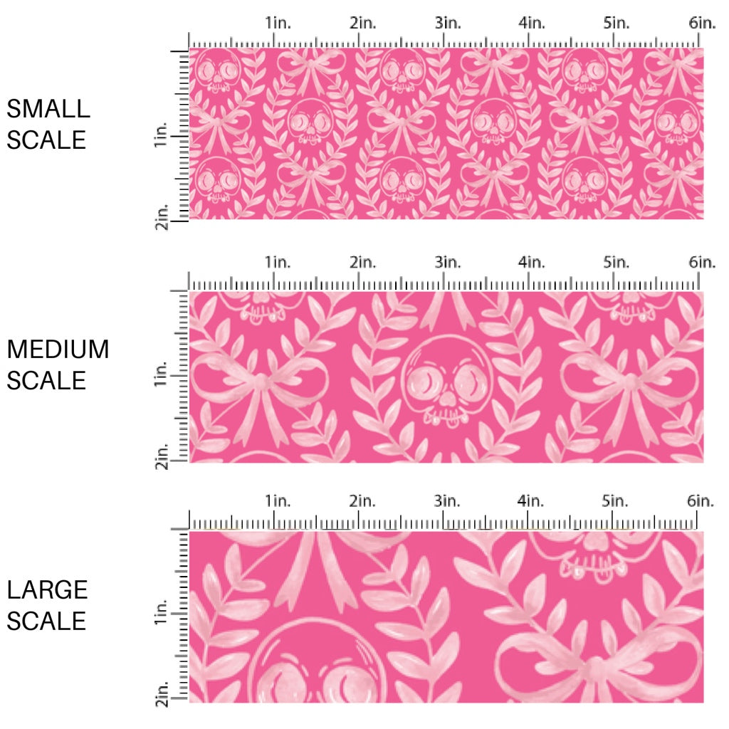 This scale chart of small scale, medium scale, and large scale of these Halloween themed pattern fabric by the yard features the following design elements: cream laurel leaf pattern with skulls on pink. This fun spooky themed fabric can be used for all your sewing and crafting needs!