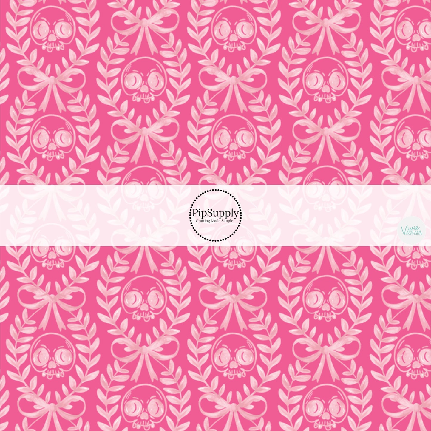 These Halloween themed pattern fabric by the yard features the following design elements: cream laurel leaf pattern with skulls on pink. This fun spooky themed fabric can be used for all your sewing and crafting needs!