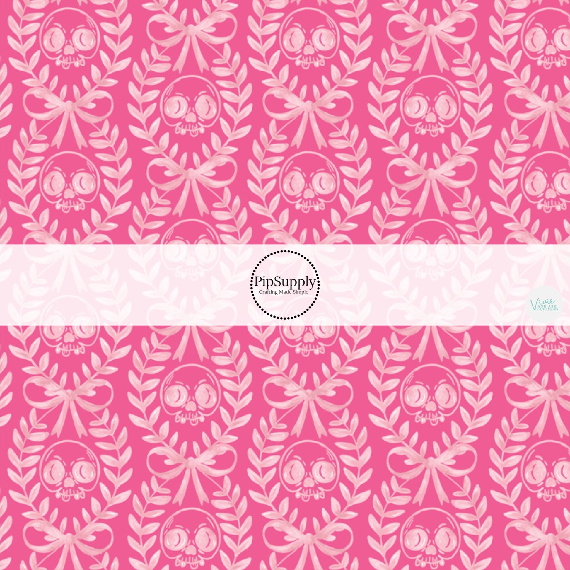 These Halloween themed pattern fabric by the yard features the following design elements: cream laurel leaf pattern with skulls on pink. This fun spooky themed fabric can be used for all your sewing and crafting needs!