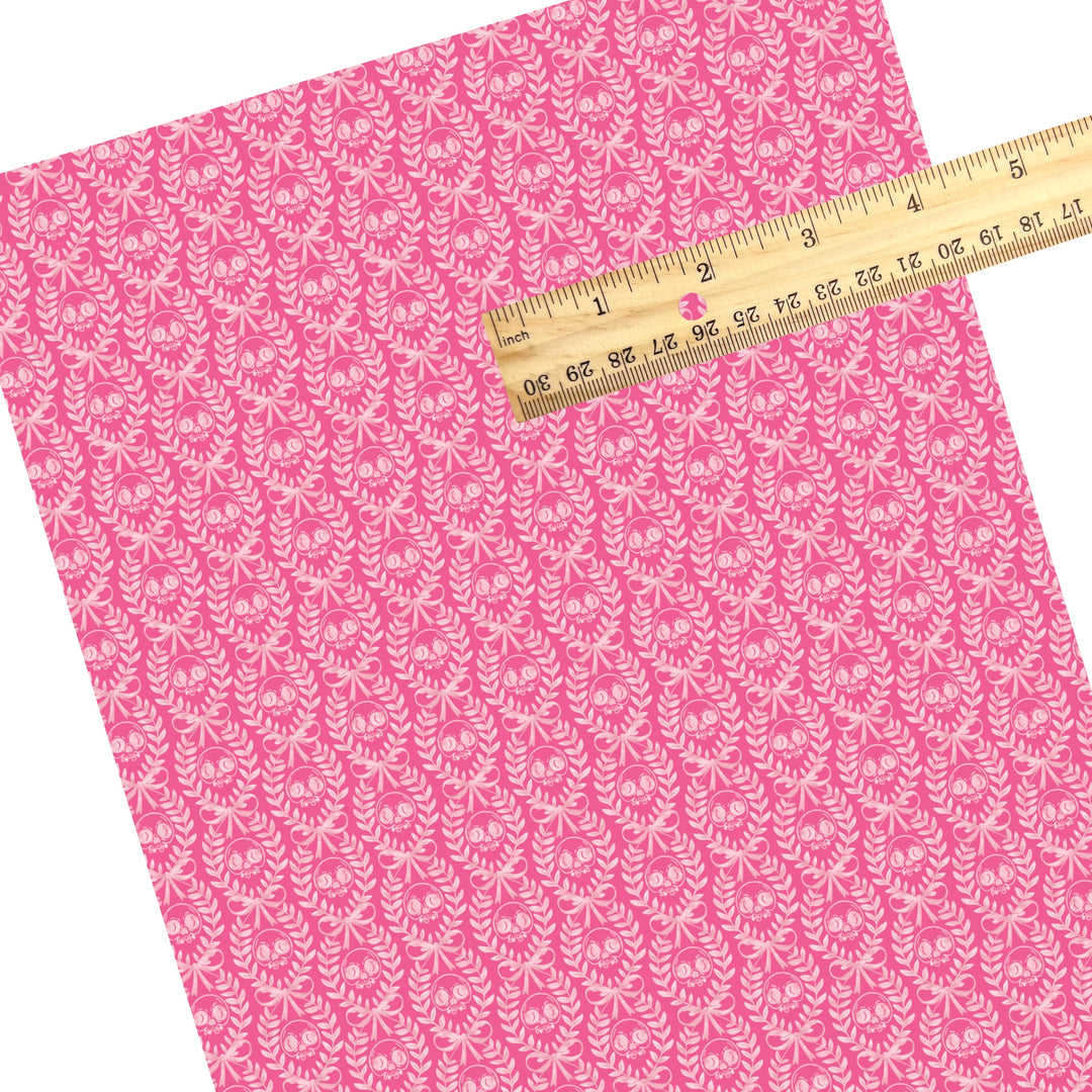 These Halloween themed pattern faux leather sheets contain the following design elements: cream laurel leaf pattern with skulls on pink. Our CPSIA compliant faux leather sheets or rolls can be used for all types of crafting projects.