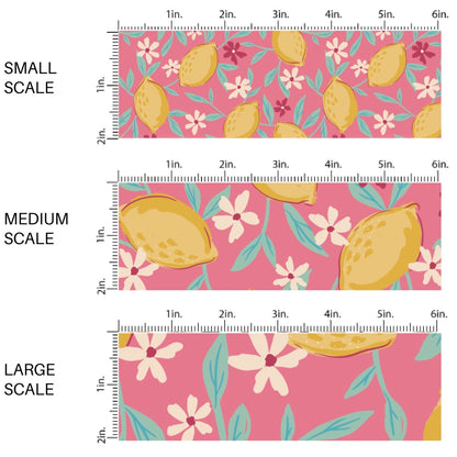 This scale chart of small scale, medium scale, and large scale of this summer fabric by the yard features lemons surrounded by tiny flowers on pink. This fun summer themed fabric can be used for all your sewing and crafting needs!