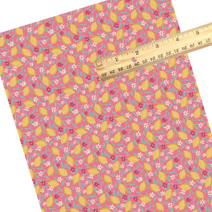 These summer faux leather sheets contain the following design elements: lemons surrounded by tiny flowers on pink. Our CPSIA compliant faux leather sheets or rolls can be used for all types of crafting projects.