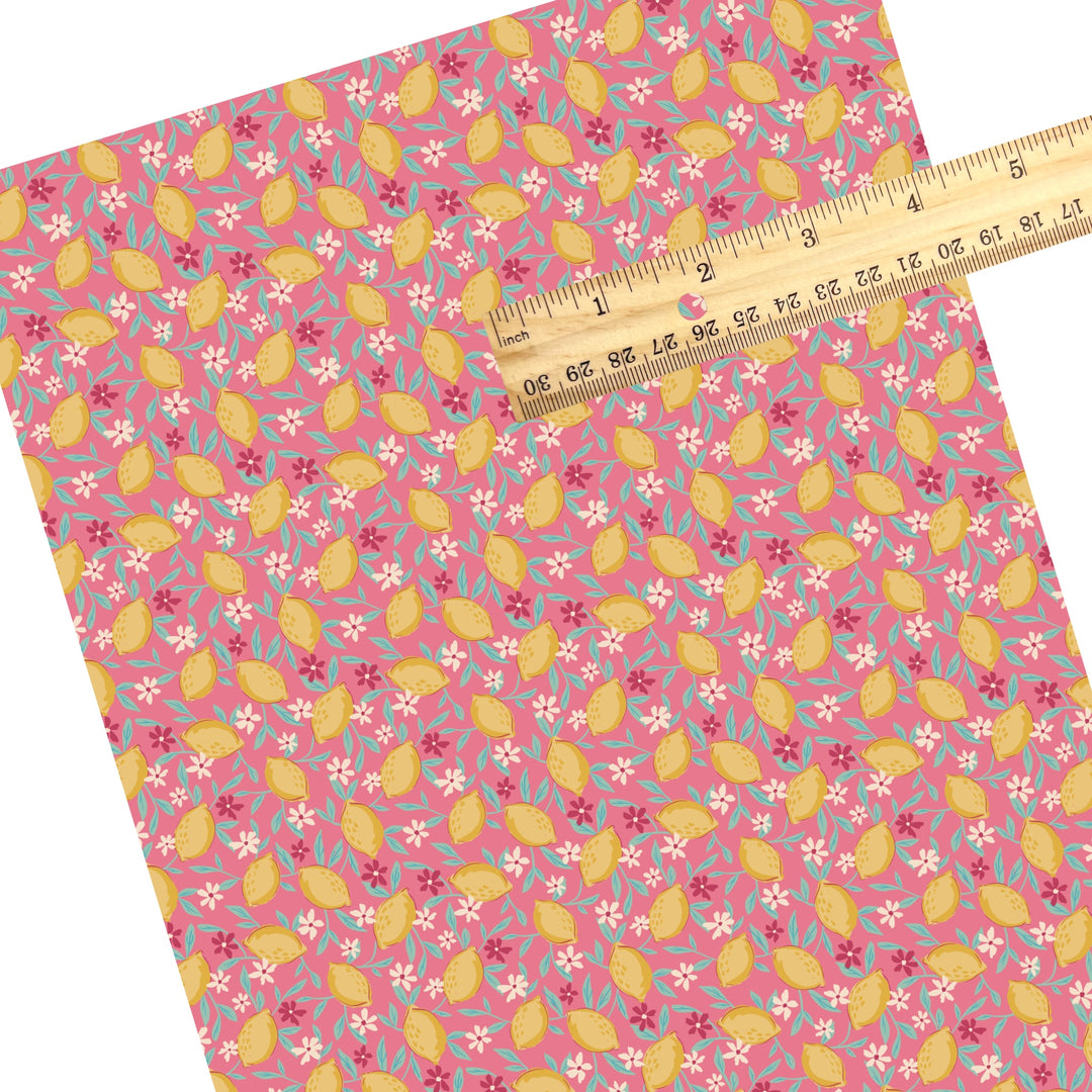 These summer faux leather sheets contain the following design elements: lemons surrounded by tiny flowers on pink. Our CPSIA compliant faux leather sheets or rolls can be used for all types of crafting projects.