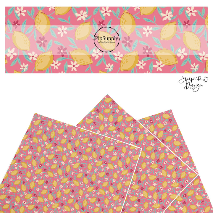 These summer faux leather sheets contain the following design elements: lemons surrounded by tiny flowers on pink. Our CPSIA compliant faux leather sheets or rolls can be used for all types of crafting projects.