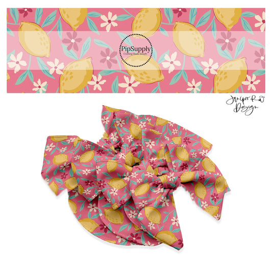 These summer floral themed no sew bow strips can be easily tied and attached to a clip for a finished hair bow. These summer patterned bow strips are great for personal use or to sell. These bow strips feature lemons surrounded by tiny flowers on pink.