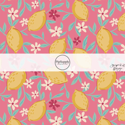 These summer floral themed no sew bow strips can be easily tied and attached to a clip for a finished hair bow. These summer patterned bow strips are great for personal use or to sell. These bow strips feature lemons surrounded by tiny flowers on pink.