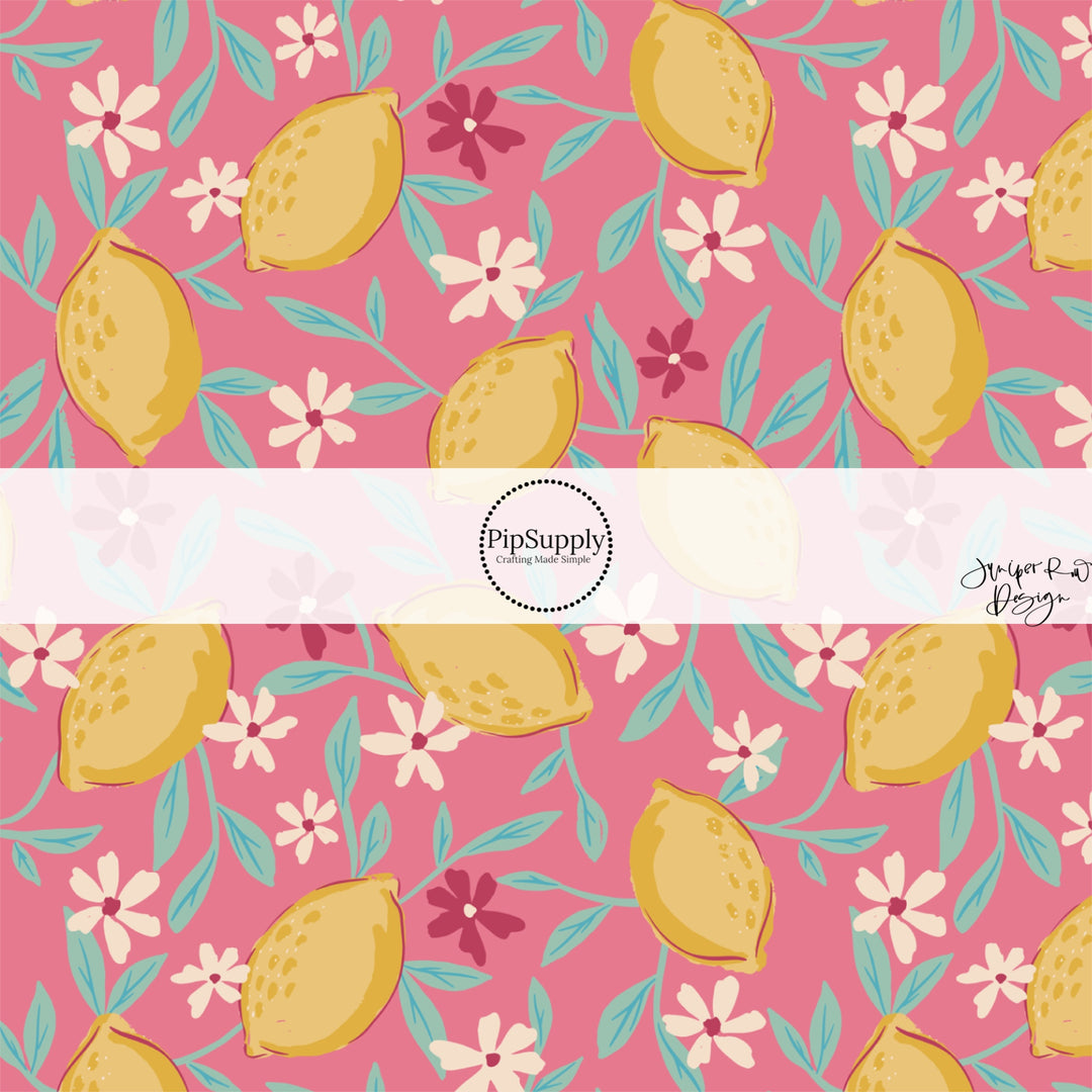 These summer floral themed no sew bow strips can be easily tied and attached to a clip for a finished hair bow. These summer patterned bow strips are great for personal use or to sell. These bow strips feature lemons surrounded by tiny flowers on pink.