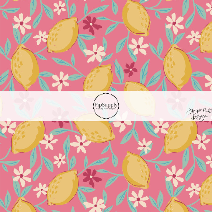 These summer floral themed no sew bow strips can be easily tied and attached to a clip for a finished hair bow. These summer patterned bow strips are great for personal use or to sell. These bow strips feature lemons surrounded by tiny flowers on pink.