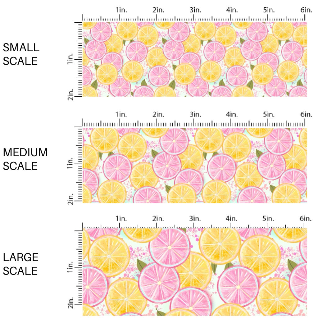 These fruit themed fabric by the yard features pink and yellow lemon slices. This fun pattern fabric can be used for all your sewing and crafting needs!