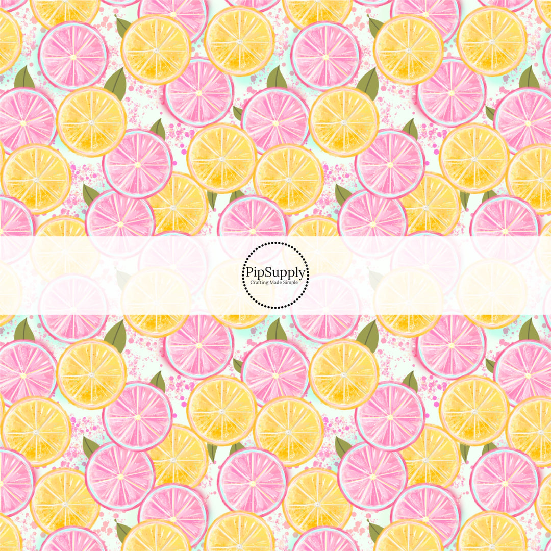 These fruit themed fabric by the yard features pink and yellow lemon slices. This fun pattern fabric can be used for all your sewing and crafting needs!