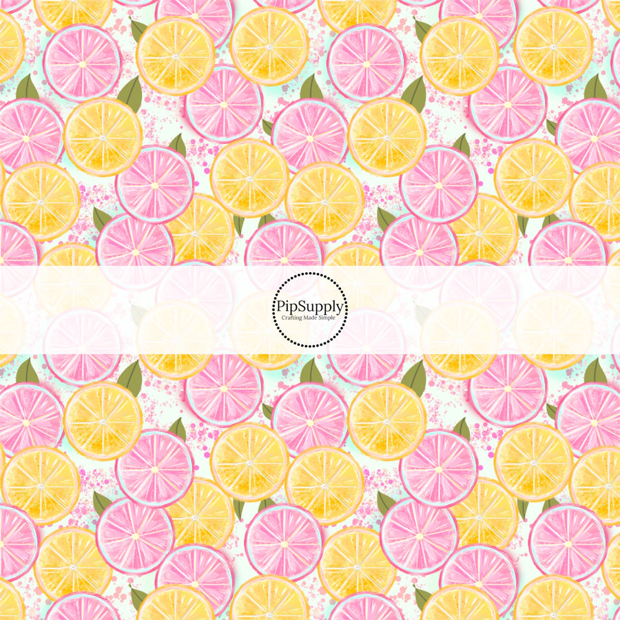 These fruit themed fabric by the yard features pink and yellow lemon slices. This fun pattern fabric can be used for all your sewing and crafting needs!