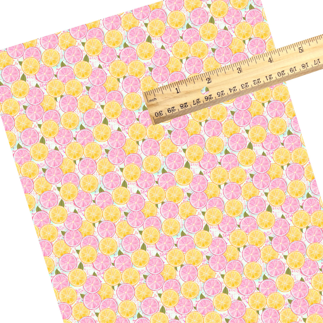 These fruit themed faux leather sheets contain the following design elements: pink and yellow lemon slices. Our CPSIA compliant faux leather sheets or rolls can be used for all types of crafting projects.