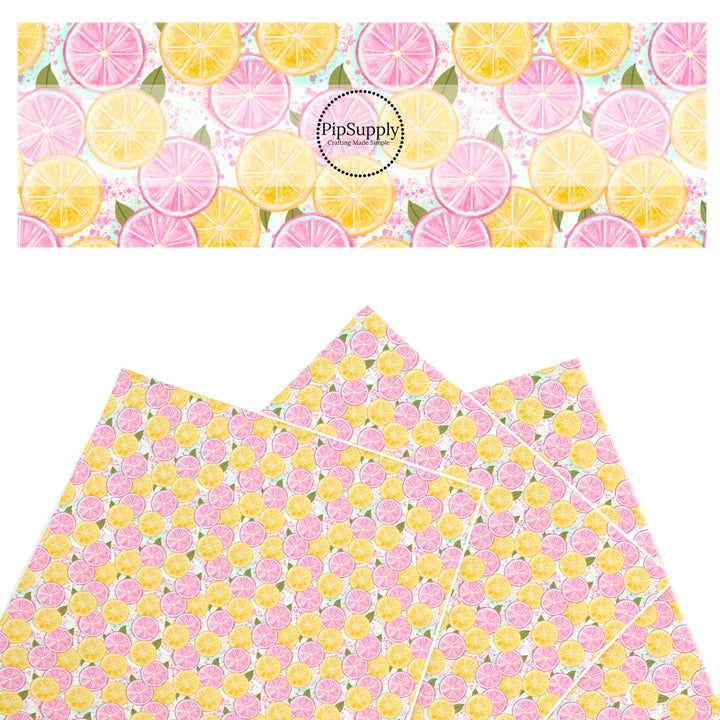 These fruit themed faux leather sheets contain the following design elements: pink and yellow lemon slices. Our CPSIA compliant faux leather sheets or rolls can be used for all types of crafting projects.