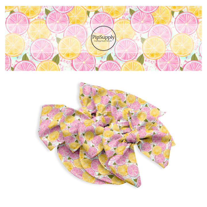 These fruit and flower themed no sew bow strips can be easily tied and attached to a clip for a finished hair bow. These bow strips are great for personal use or to sell. These bow strips feature the following design elements: pink and yellow lemon slices.