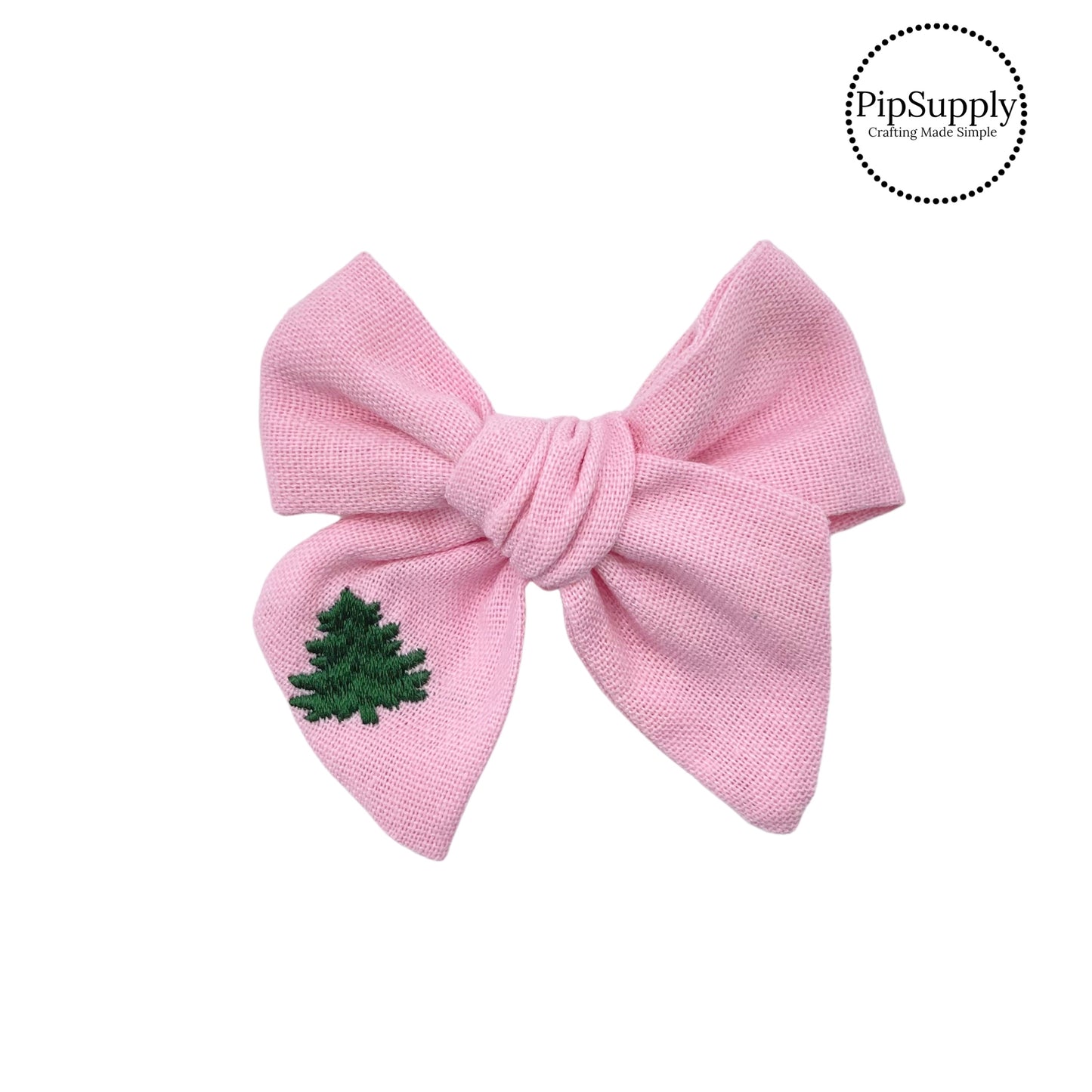 Pink Linen Embroidered Christmas Tree Hair Bow Strip - Ruth