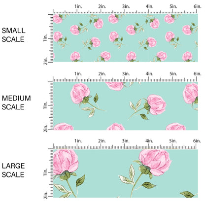 This scale chart of small scale, medium scale, and large scale of this summer fabric by the yard features pink roses on aqua. This fun summer themed fabric can be used for all your sewing and crafting needs!