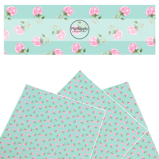 These summer faux leather sheets contain the following design elements: pink roses on aqua. Our CPSIA compliant faux leather sheets or rolls can be used for all types of crafting projects.