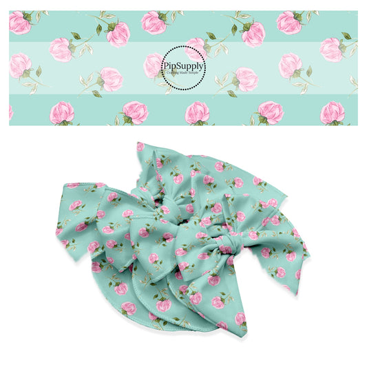 These summer floral themed no sew bow strips can be easily tied and attached to a clip for a finished hair bow. These summer patterned bow strips are great for personal use or to sell. These bow strips feature pink roses on aqua.