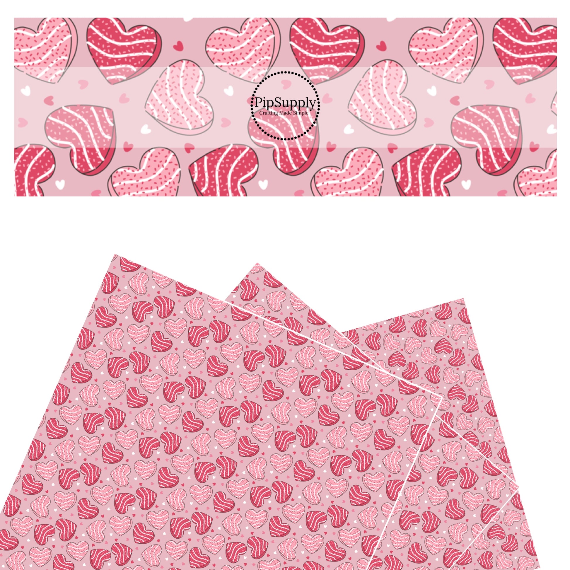 These Valentine's pattern themed faux leather sheets contain the following design elements: pink heart shaped cakes surrounded by tiny hearts on light pink. Our CPSIA compliant faux leather sheets or rolls can be used for all types of crafting projects.