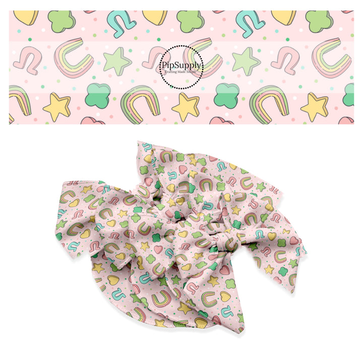 These St. Patrick's Day pattern no sew bow strips can be easily tied and attached to a clip for a finished hair bow. These adorable bow strips are great for personal use or to sell. The bow strips feature rainbows, shamrocks, and charms on pink.