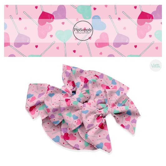 These Valentine's Day pattern no sew bow strips can be easily tied and attached to a clip for a finished hair bow. These Valentine's Day bow strips are great for personal use or to sell. The bow strips feature pastel colored lollipop candy on pink. 