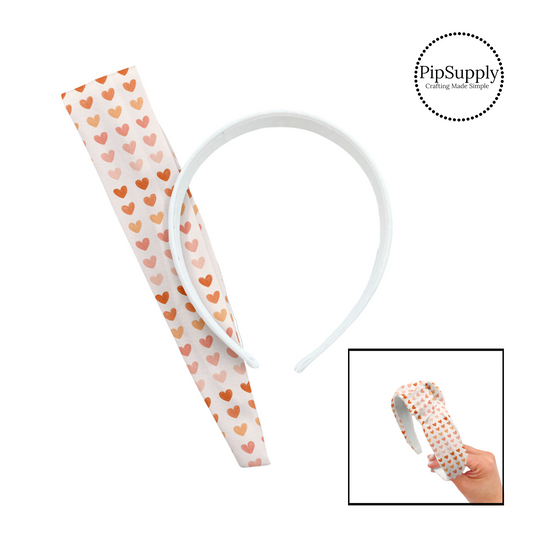 Rows of multi pink and orange hearts on cream knotted headband kit
