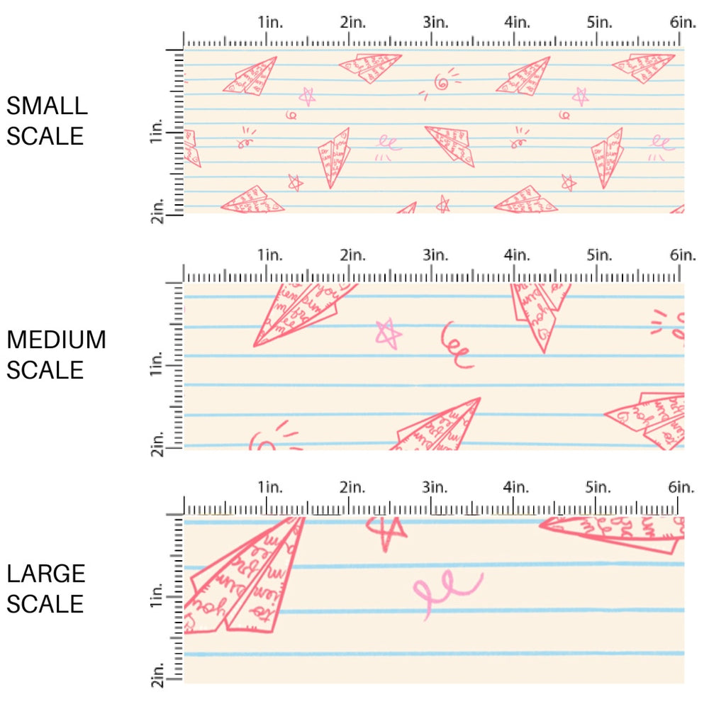 This scale chart of small scale, medium scale, and large scale of these school themed fabric by the yard features pink airplanes on cream. This fun themed fabric can be used for all your sewing and crafting needs!