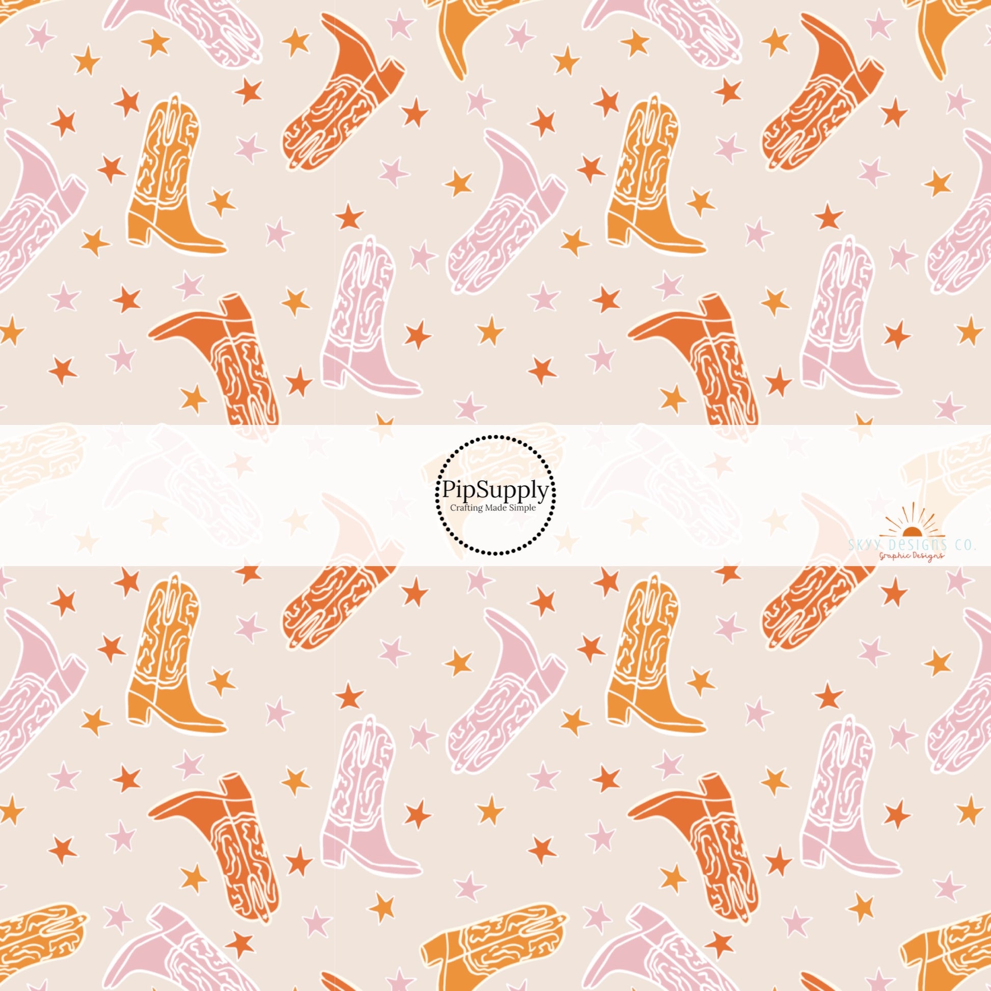 Western themed cowgirl boots in orange, light orange, and pink with tiny stars on cream fabric by the yard. 
